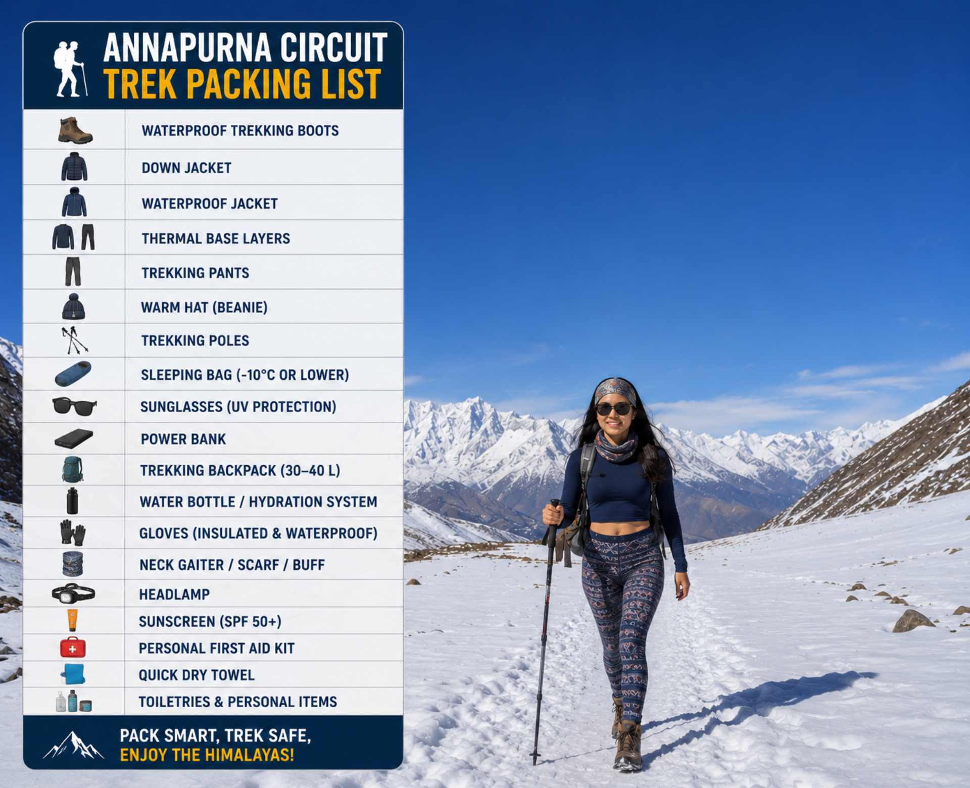 Annapurna Circuit trek packing list infographic showing essential gear and clothing needed for trekking the Annapurna Circuit in Nepal.