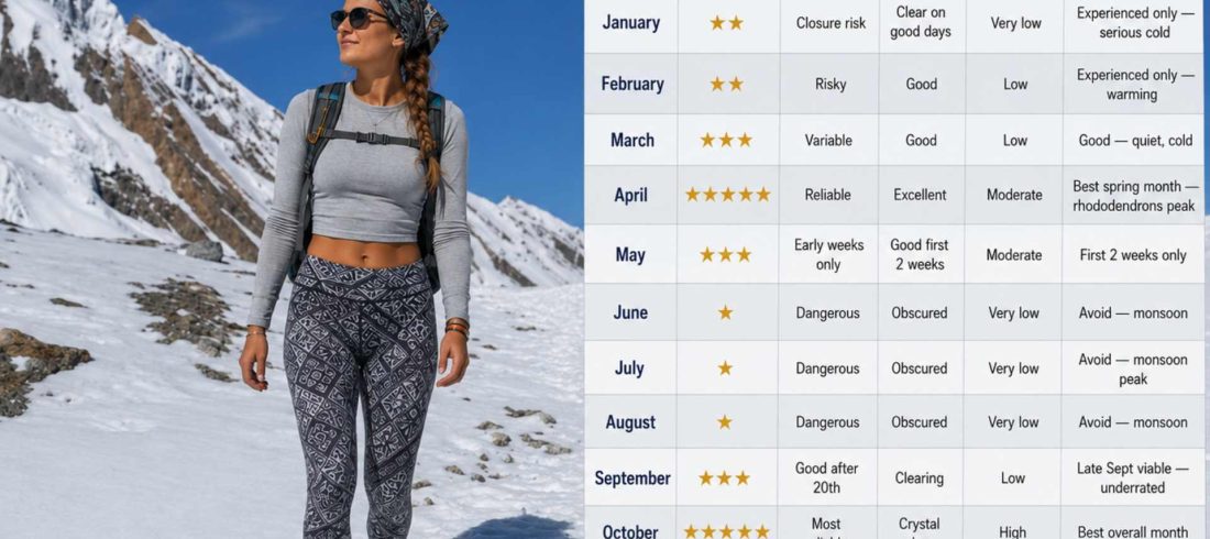 Best time Annapurna Circuit trek month-by-month chart showing trekking conditions, weather, views, and seasonal recommendations along the Annapurna Circuit in Nepal.