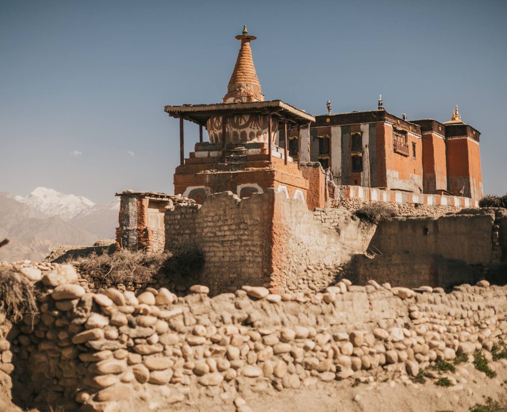 old Buddhist monastery with stone walls in Upper Mustang Nepal