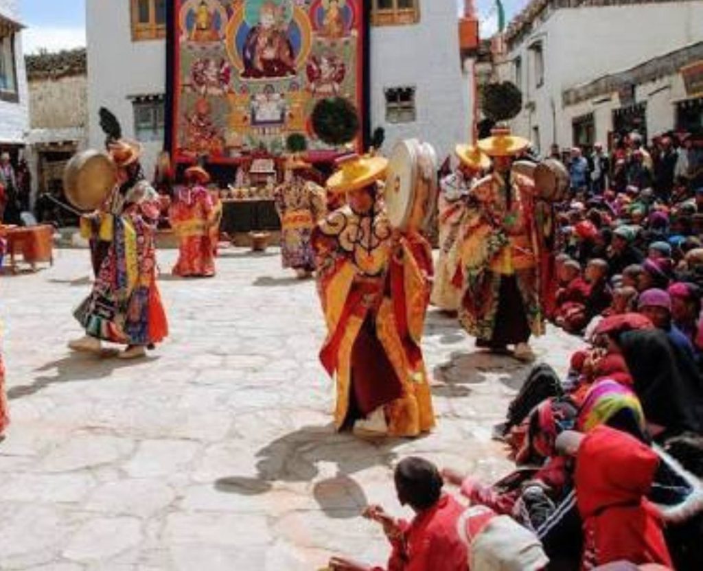 monks performing masked dance at Tiji Festival Lo Manthang Nepal