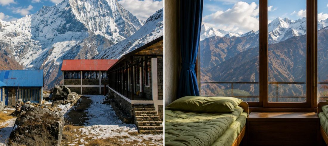 Annapurna Base Camp accommodation with mountain teahouse exterior and twin room view in the Annapurna Sanctuary