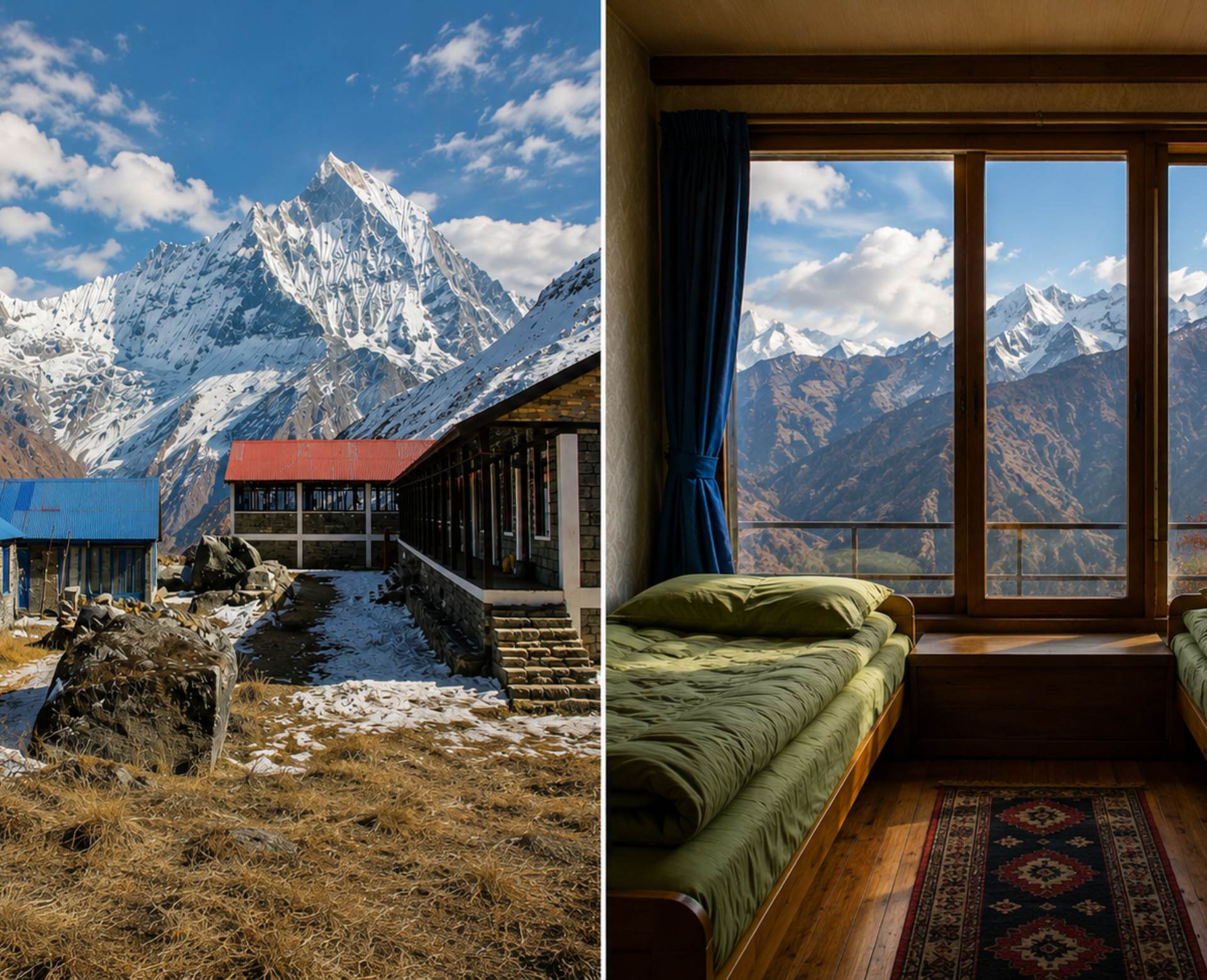 Annapurna Base Camp accommodation with mountain teahouse exterior and twin room view in the Annapurna Sanctuary