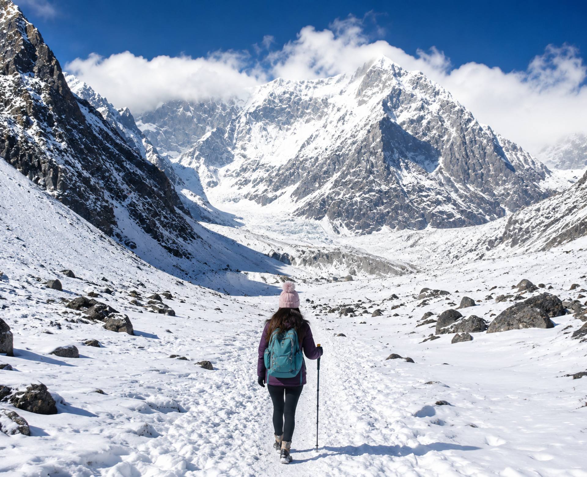Solo trekker walking through a snowy high-altitude landscape near Annapurna Base Camp, illustrating altitude sickness risks during the trek.