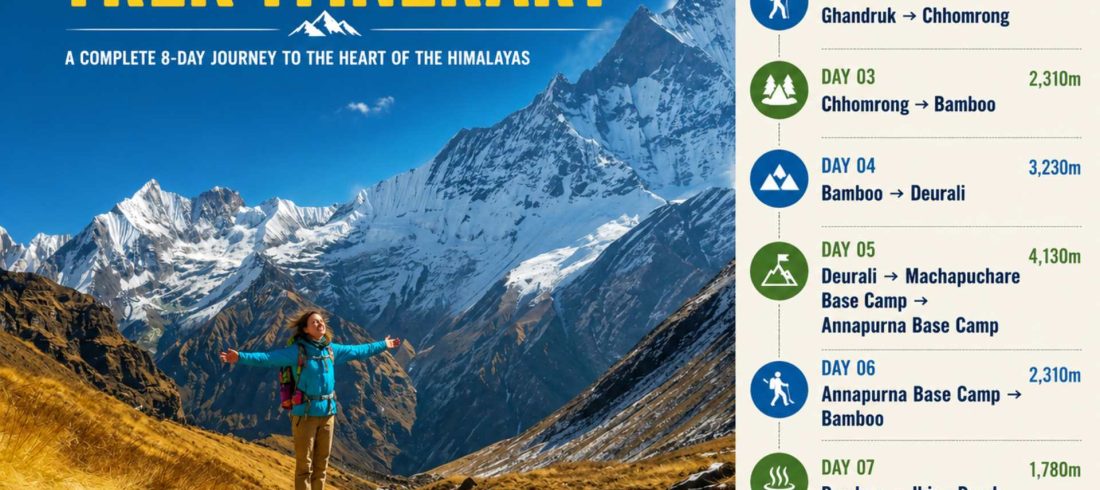 Annapurna Base Camp itinerary infographic showing the 8-day trekking route from Pokhara to Annapurna Base Camp with daily stops and elevations.