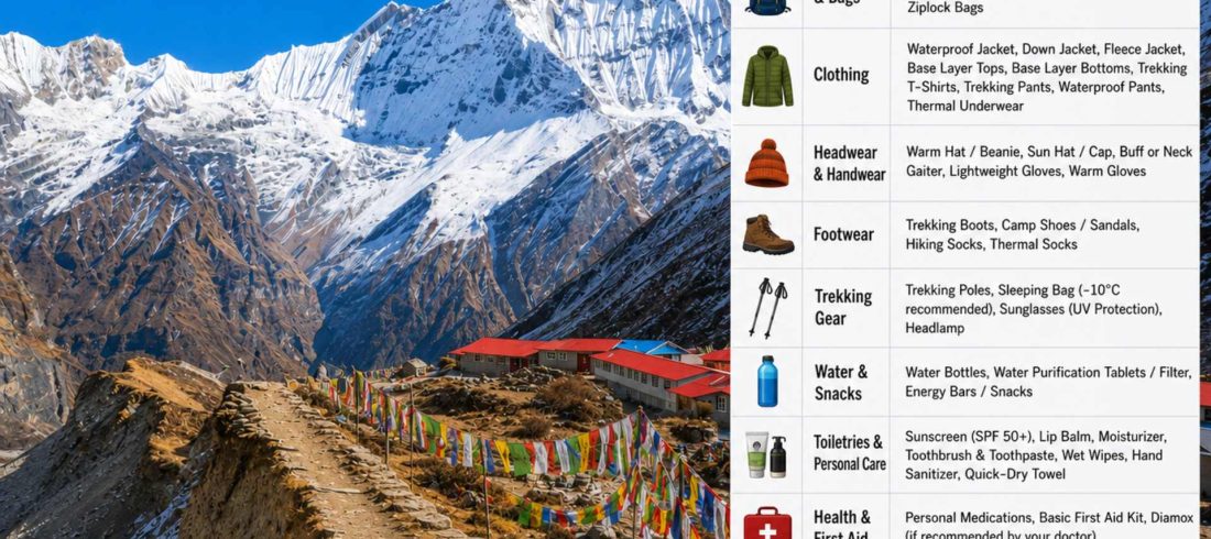 Annapurna Base Camp Packing List infographic showing essential trekking gear, clothing, footwear, documents, and equipment needed for the trek.