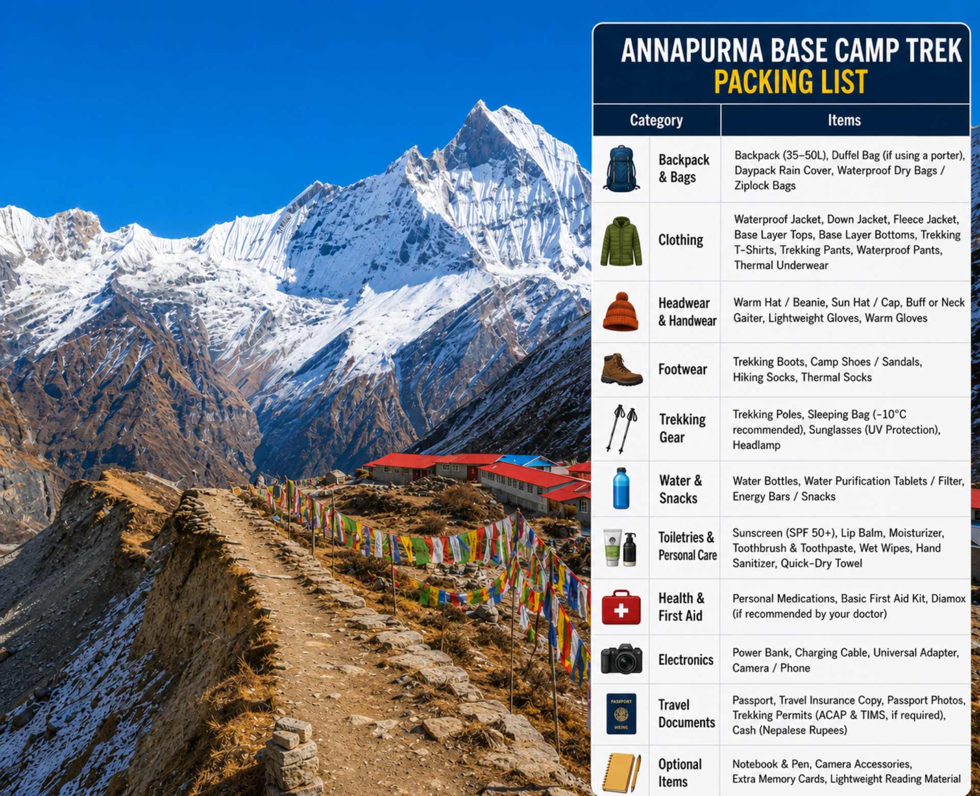 Annapurna Base Camp Packing List infographic showing essential trekking gear, clothing, footwear, documents, and equipment needed for the trek.