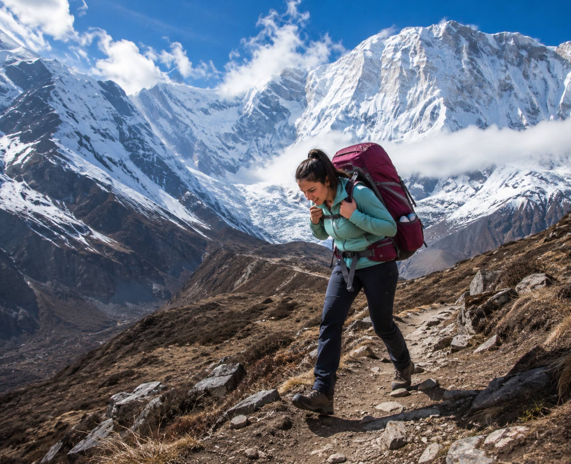 Annapurna Base Camp packing mistakes with female trekker carrying oversized backpack on Himalayan trail