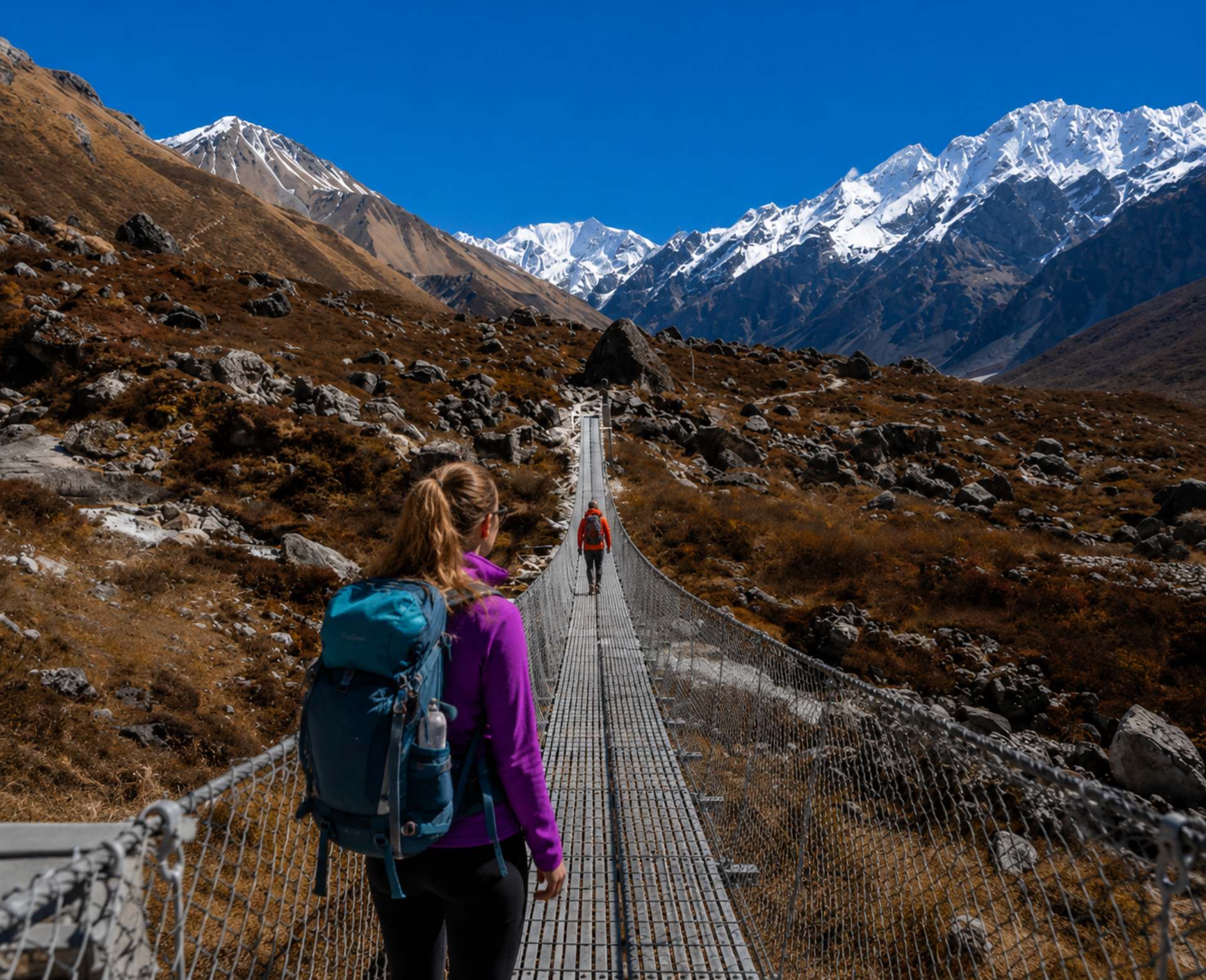 Female trekker crossing suspension bridge during the best time Langtang trek season with clear mountain views in Nepal