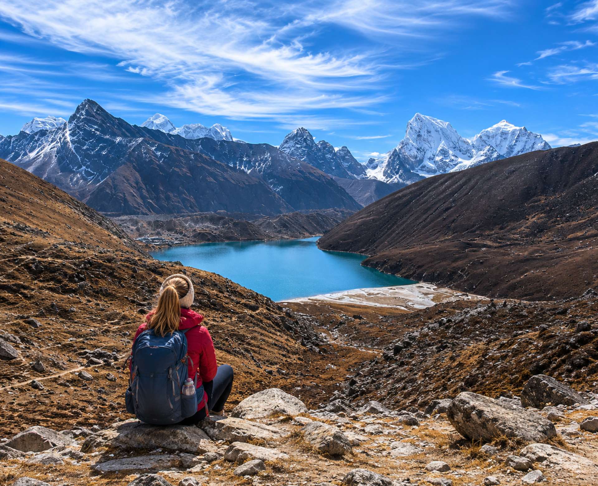 Female trekker overlooking mountain lake and snowy peaks during the Cho La Pass trek in Nepal