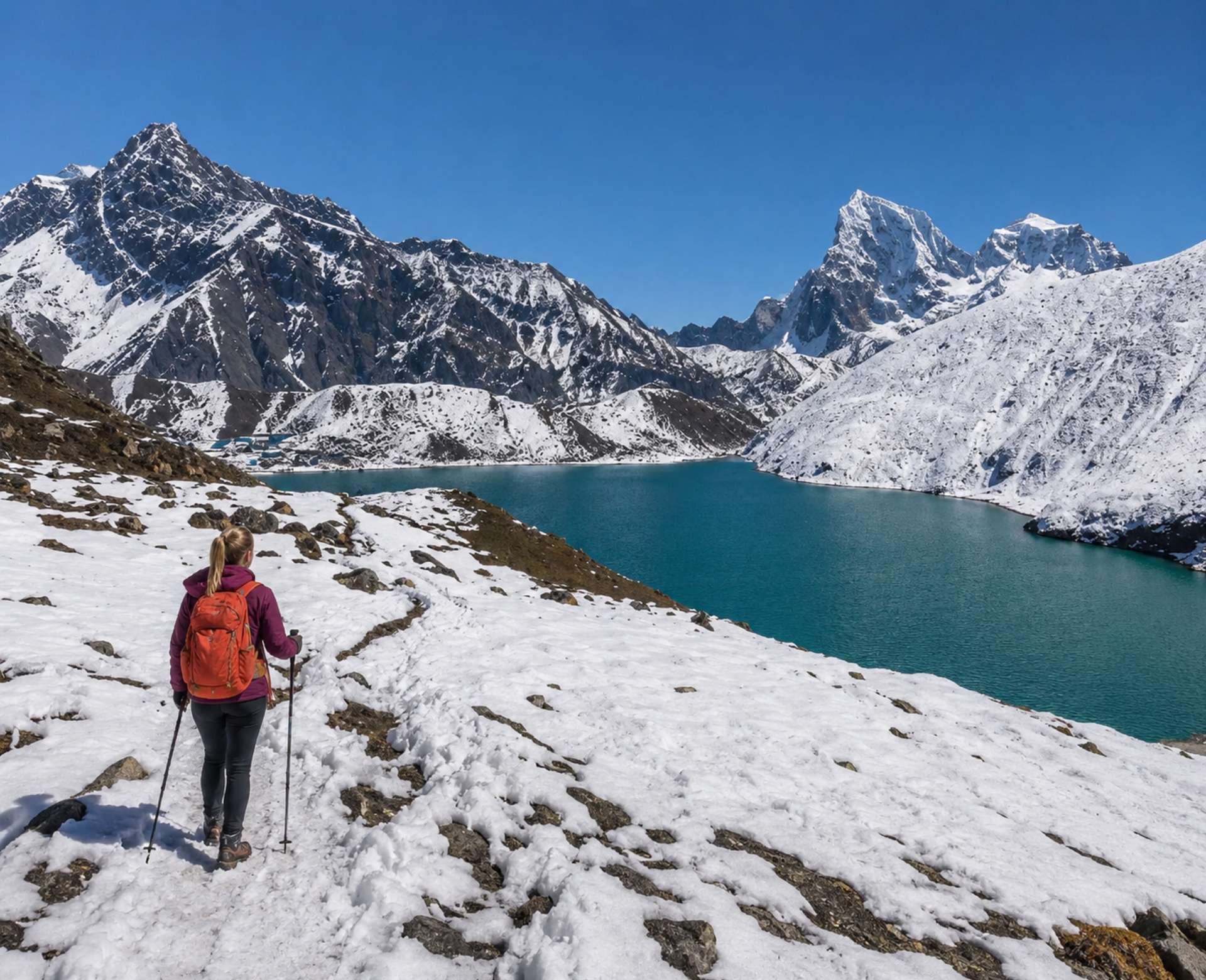 Trekker walking beside turquoise Gokyo Lake with snowy mountains during Gokyo Lakes Trek in Nepal