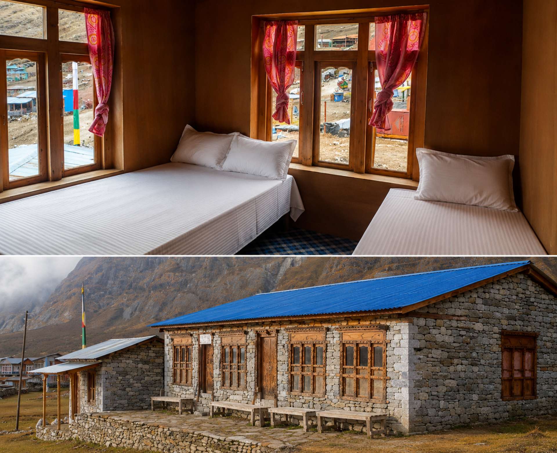 Traditional teahouse accommodation and twin room during the Langtang Valley Trek in Nepal