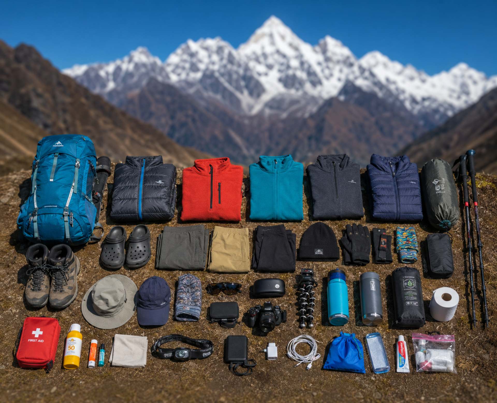 Langtang Valley packing list with trekking gear, backpack, clothing, and hiking essentials arranged in the Himalayas