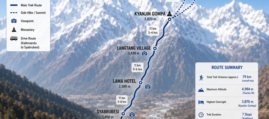 Langtang Valley Trek map showing the trekking route from Syabrubesi to Kyanjin Gompa with Kyanjin Ri and Tserko Ri side hikes in Nepal