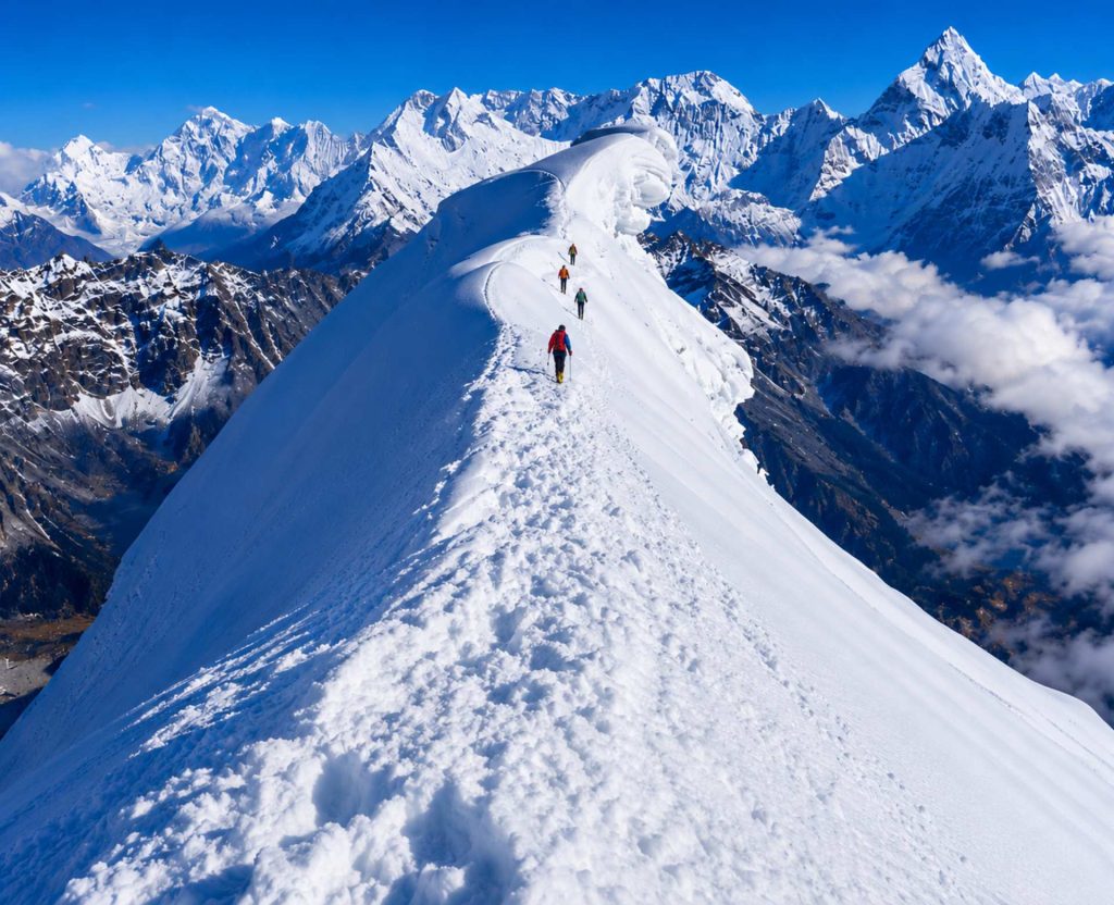 Climbers ascending the snowy ridge of Lobuche Peak during a Lobuche Peak climbing expedition via Everest Base Camp and Kala Patthar in Nepal.