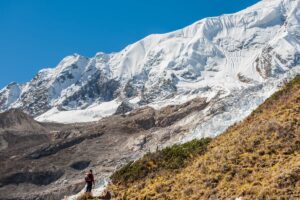 Trail to Manaslu Base Camp Beside the Manaslu Glacier Trekker on a grassy trail above Samagaon, below the crevassed icefall of the Manaslu Glacier