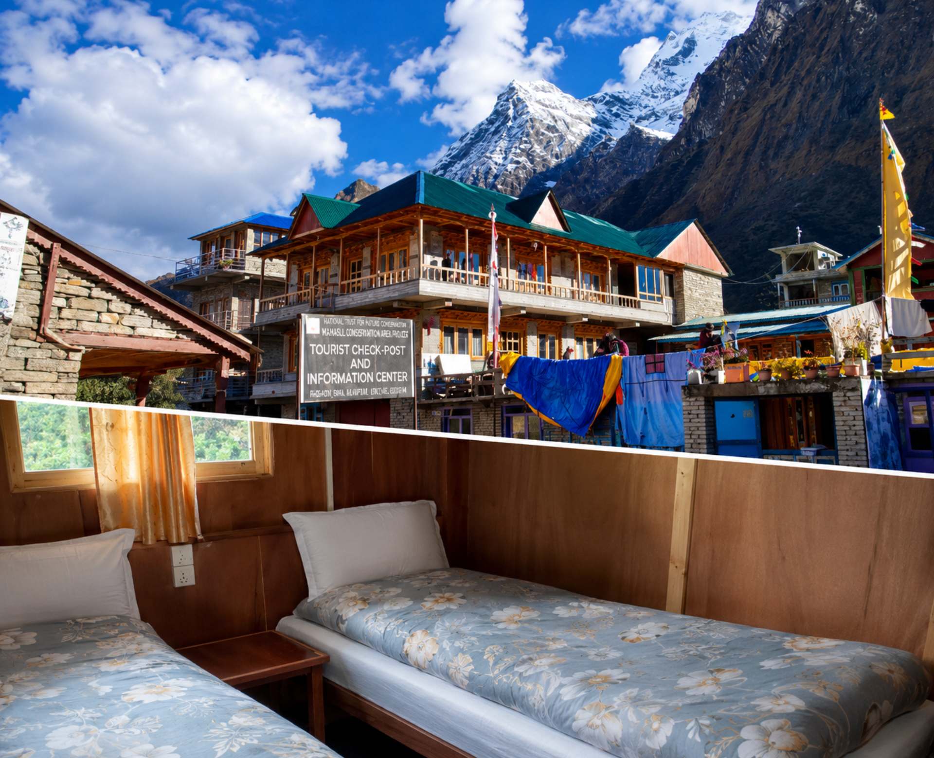 Manaslu Circuit accommodation with mountain lodge and twin bedroom in the Nepal Himalayas