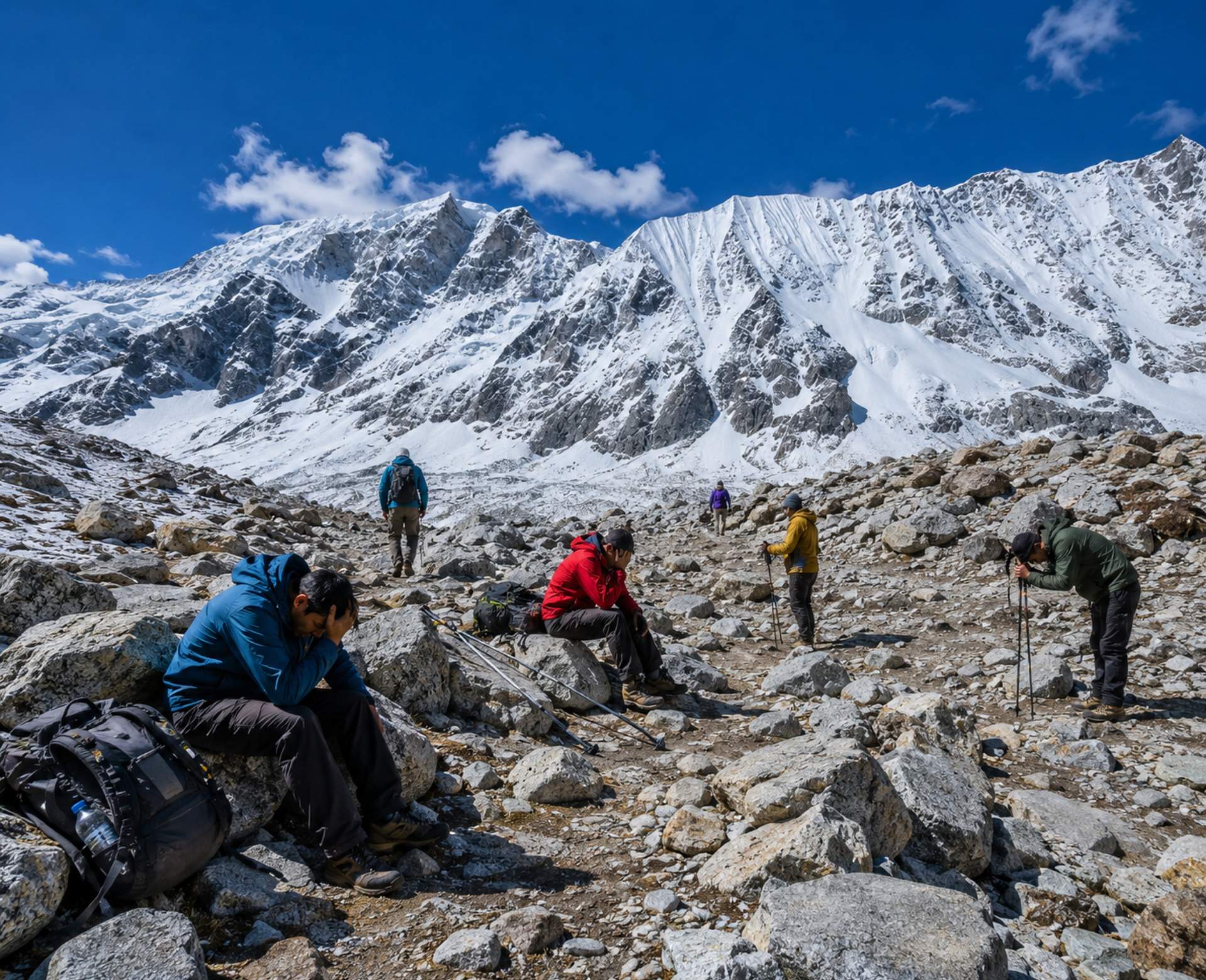 Trekkers experiencing fatigue and altitude sickness symptoms near Larkya La Pass on the Manaslu Circuit Trek in Nepal