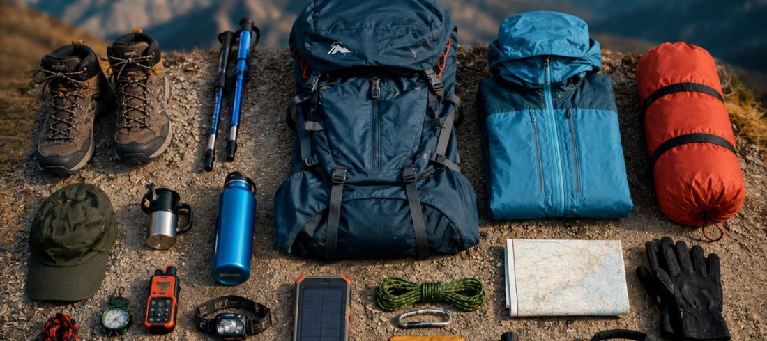 Manaslu Circuit Packing List trekking gear organized on Himalayan trail with blurred mountain background