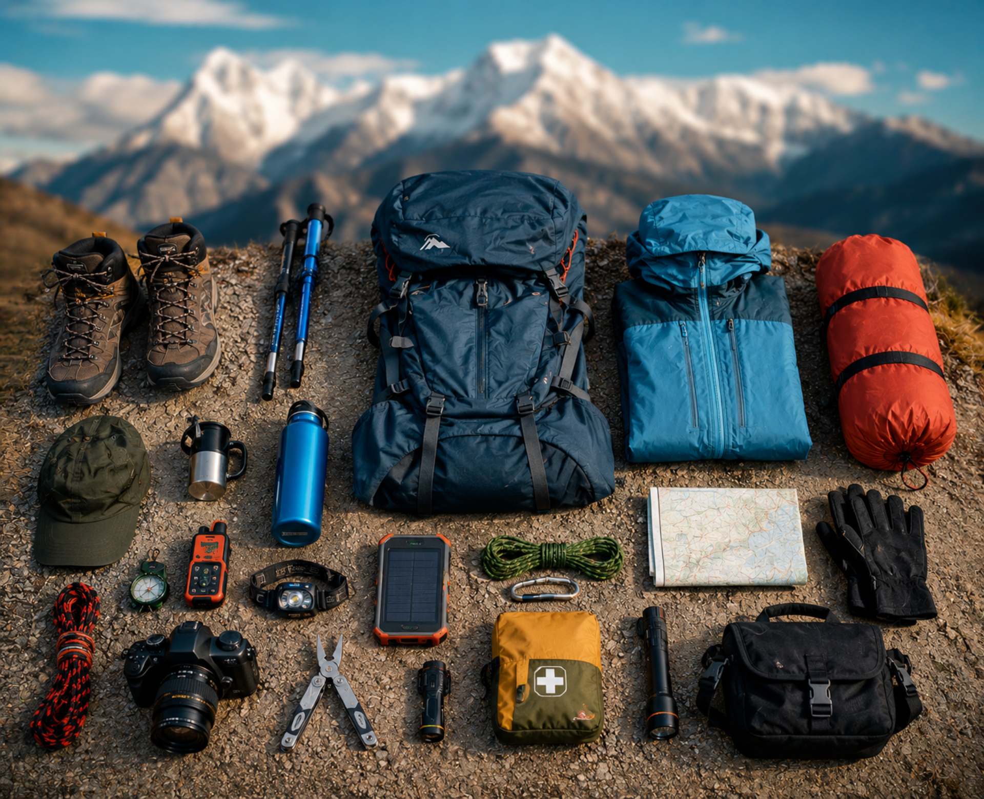 Manaslu Circuit Packing List trekking gear organized on Himalayan trail with blurred mountain background