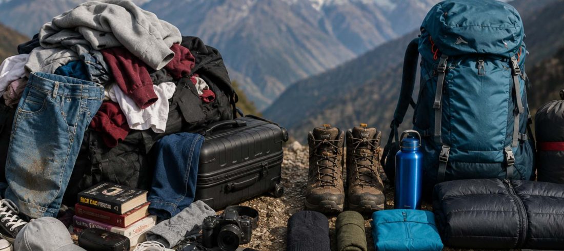 Manaslu Circuit packing mistakes comparison showing wrong and correct trekking gear for Nepal Himalaya trek”