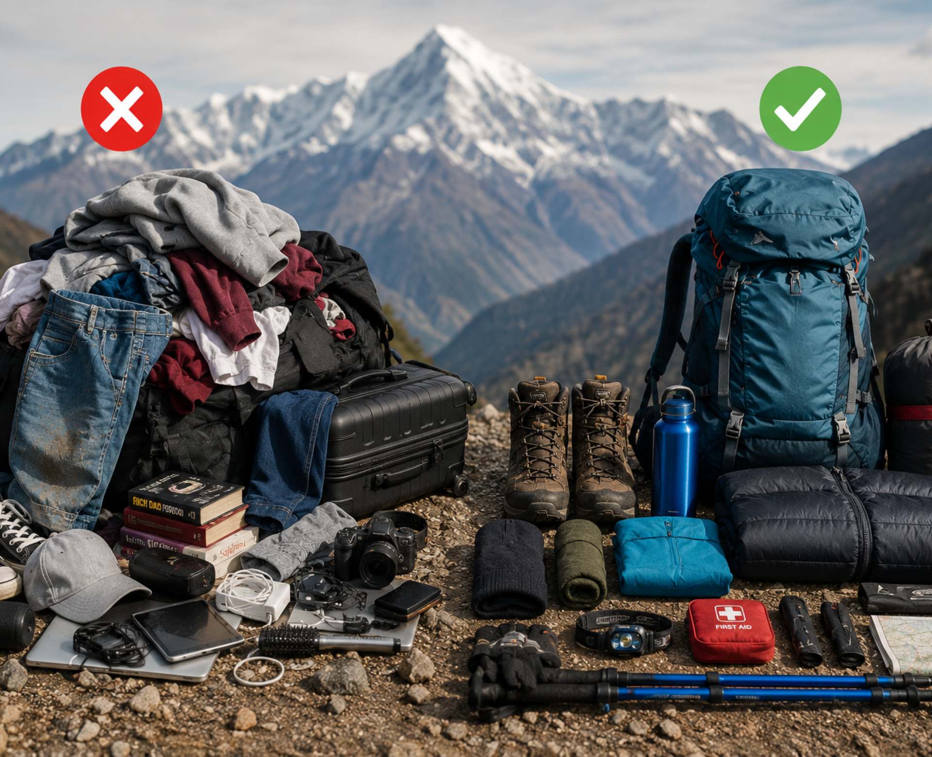 Manaslu Circuit packing mistakes comparison showing wrong and correct trekking gear for Nepal Himalaya trek”