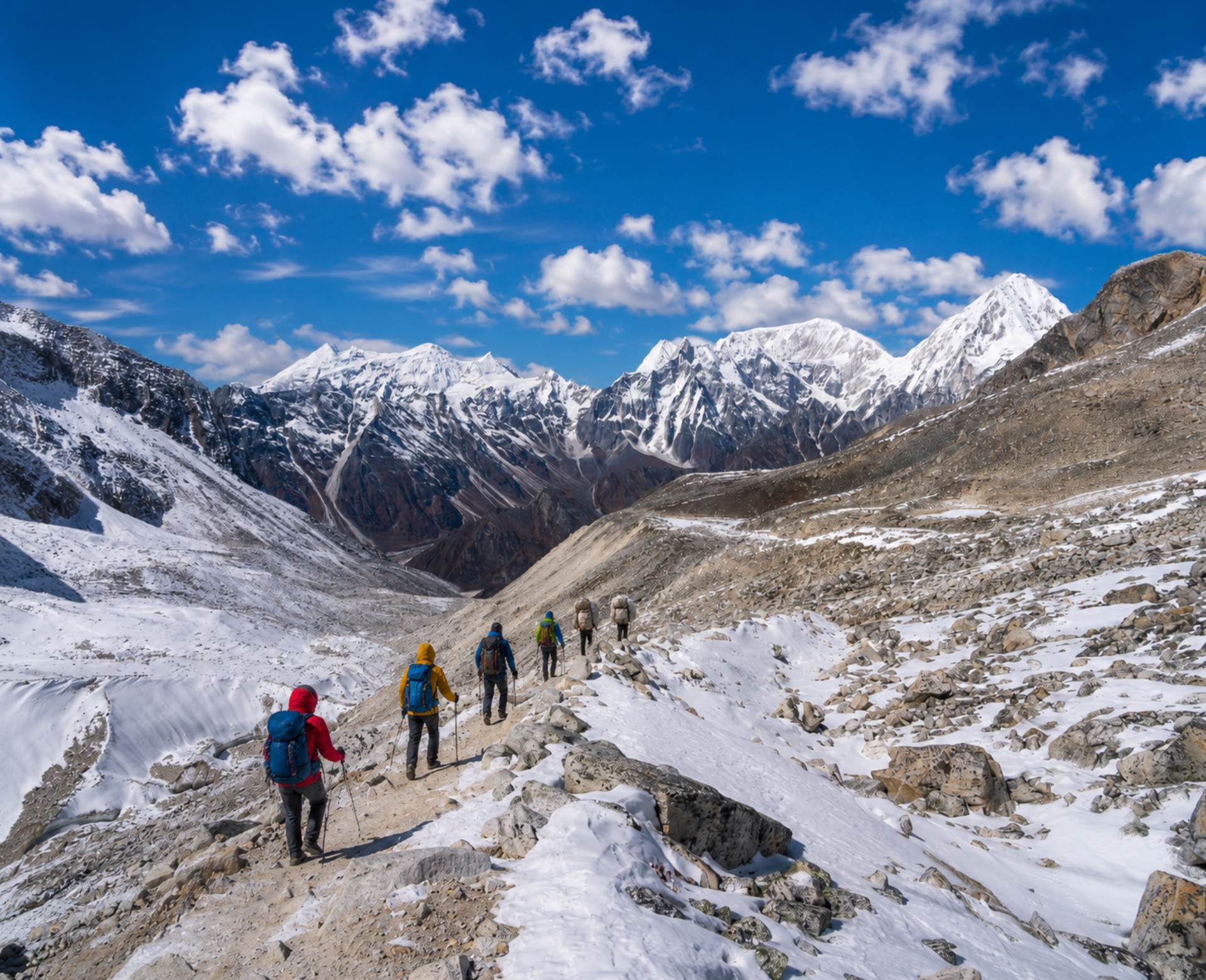 Manaslu circuit trek cost trail in Nepal with trekkers crossing snowy Himalayan mountains under blue sky
