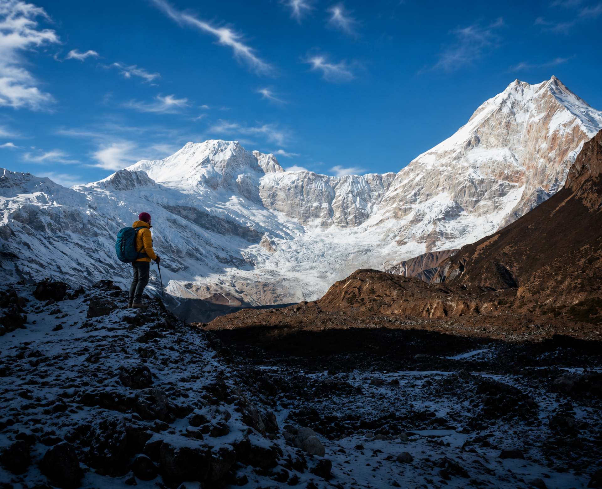 Manaslu circuit trek difficulty with female trekker standing near snowy Himalayan mountains in Nepal