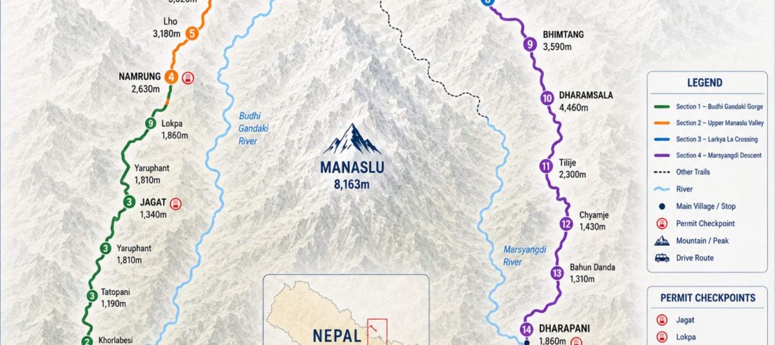 Manaslu Circuit Trek Map showing the complete trekking route from Machha Khola to Dharapani via Samagaon, Samdo and Larkya La Pass in Nepal
