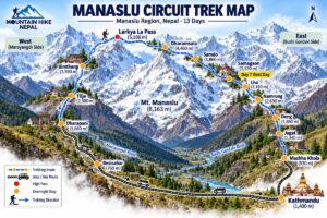 Manaslu Circuit Trek Map – 13-Day Route Illustrated map of the 13-day Manaslu Circuit Trek, from Machha Khola over Larkya La Pass to Dharapani