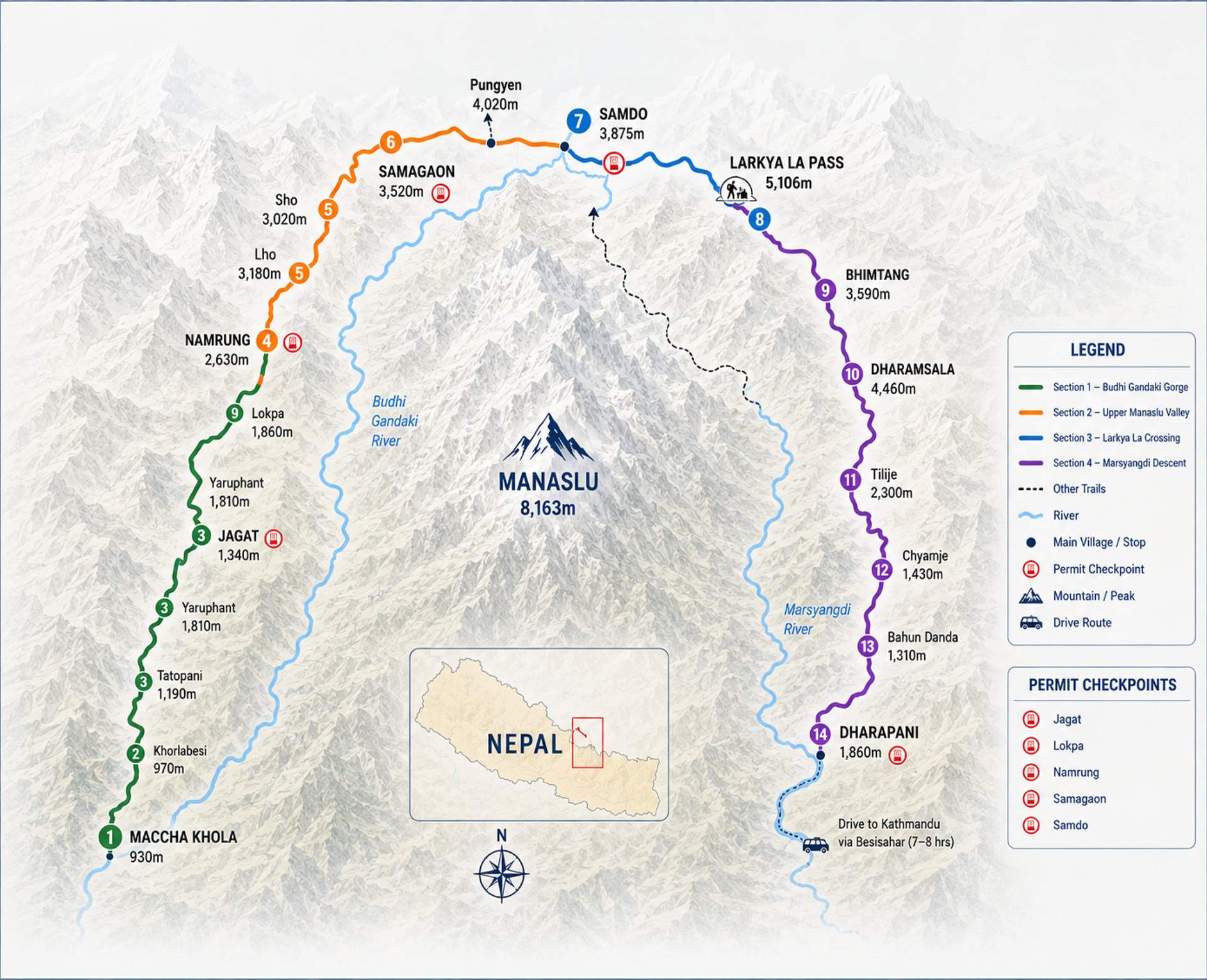 Manaslu Circuit Trek Map showing the complete trekking route from Machha Khola to Dharapani via Samagaon, Samdo and Larkya La Pass in Nepal