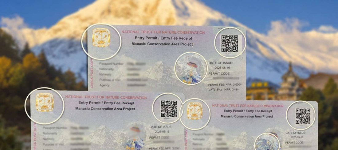 Manaslu Circuit Trek permits including RAP, MCAP and ACAP permits with Himalayan mountain background in Nepal