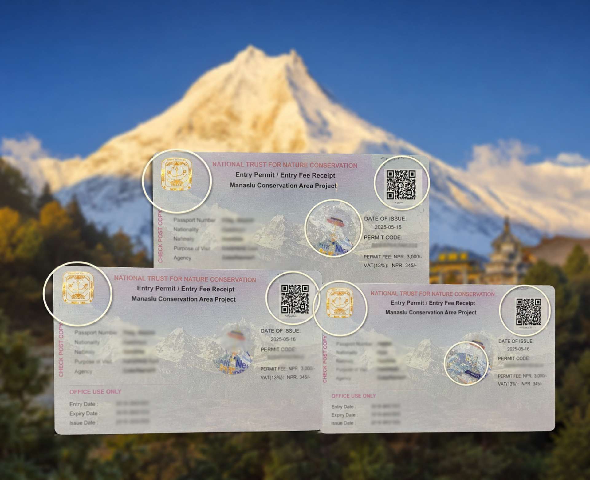 Manaslu Circuit Trek permits including RAP, MCAP and ACAP permits with Himalayan mountain background in Nepal