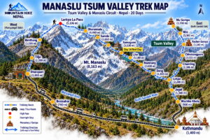 Manaslu Tsum Valley Trek Map – 20-Day Route Illustrated map of the 20-day Manaslu Tsum Valley Trek, from Machha Khola into Tsum Valley and over Larkya La Pass to Dharapani