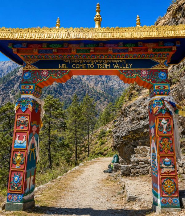 Traditional gateway on the Manaslu Tsum Valley Trek trail in the hidden Himalayan valley of Nepal