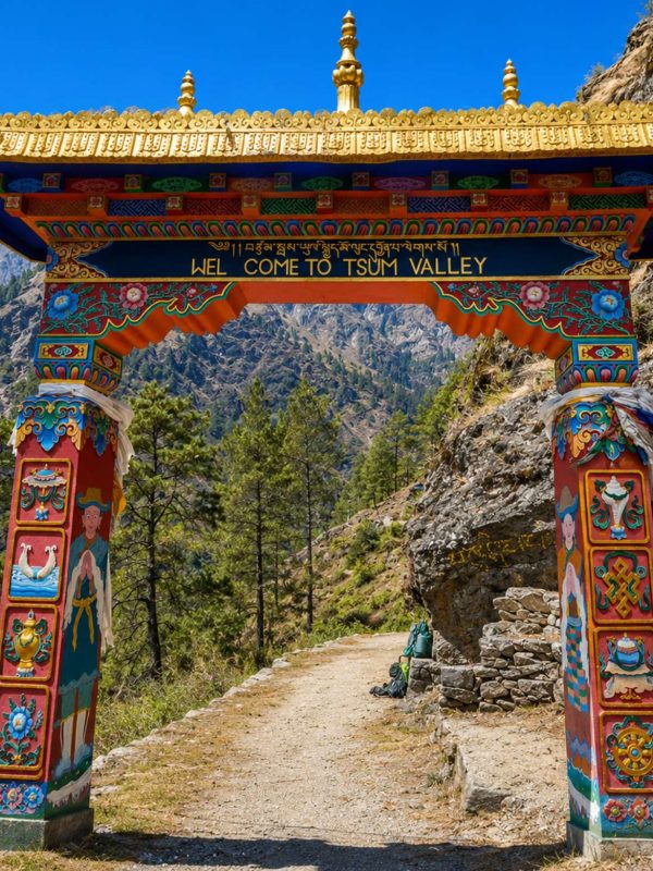 Traditional gateway on the Manaslu Tsum Valley Trek trail in the hidden Himalayan valley of Nepal