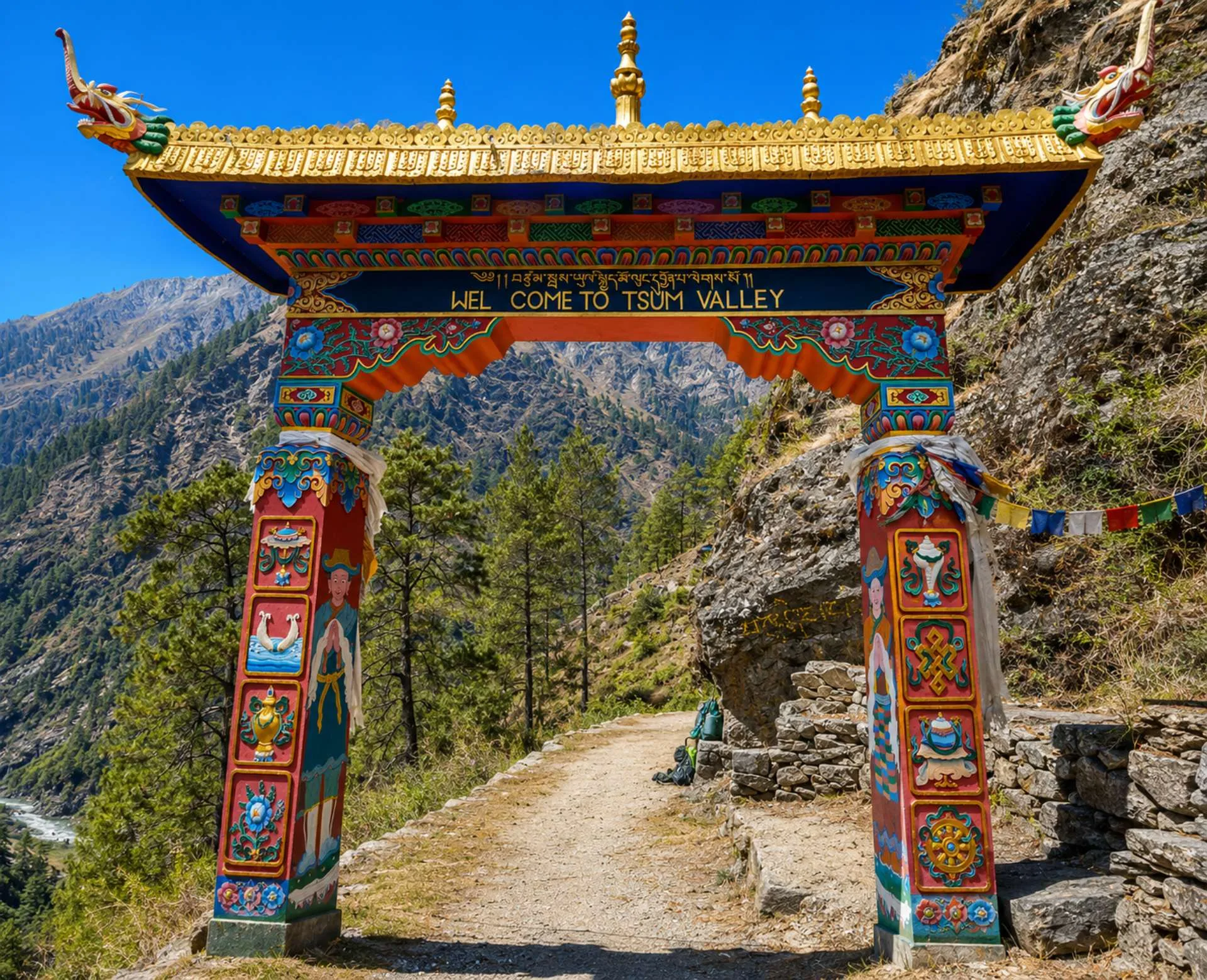 Traditional gateway on the Manaslu Tsum Valley Trek trail in the hidden Himalayan valley of Nepal