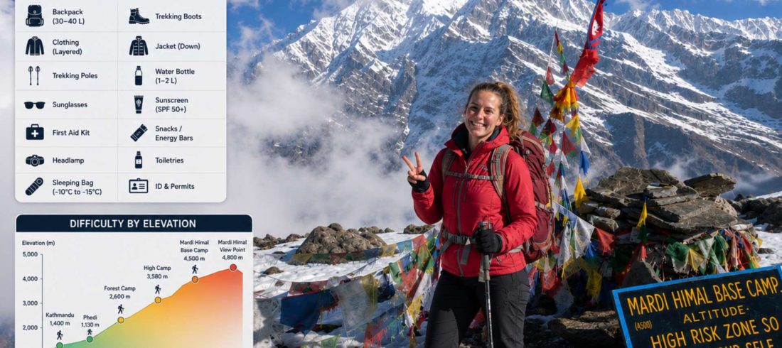 Mardi Himal Trek difficulty guide with elevation chart and essential packing list for High Camp trekking