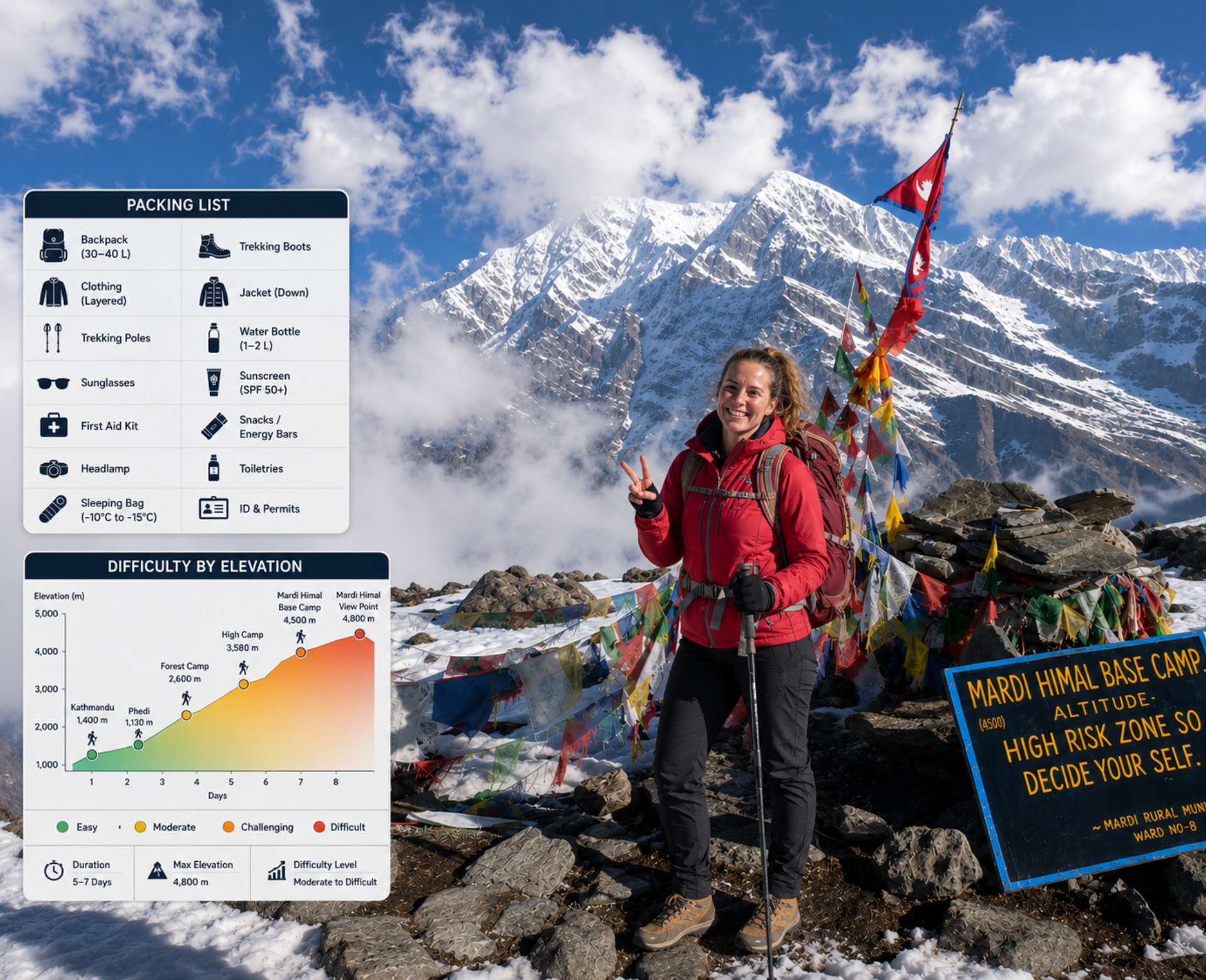 Mardi Himal Trek difficulty guide with elevation chart and essential packing list for High Camp trekking