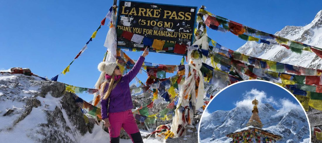 Female trekker at Larke Pass during the Tsum Valley Trek with Himalayan mountains and Buddhist stupa in Nepal