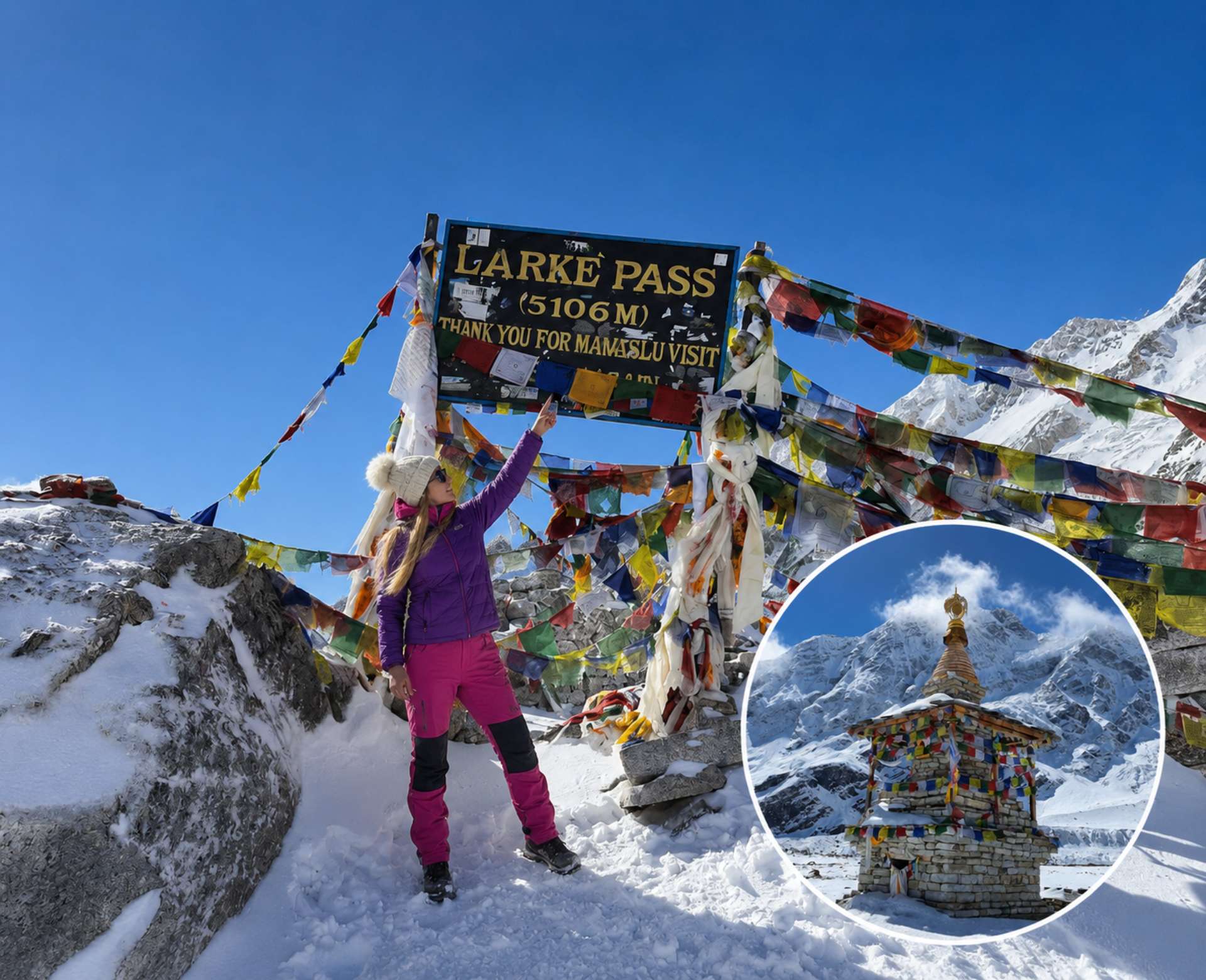 Female trekker at Larke Pass during the Tsum Valley Trek with Himalayan mountains and Buddhist stupa in Nepal