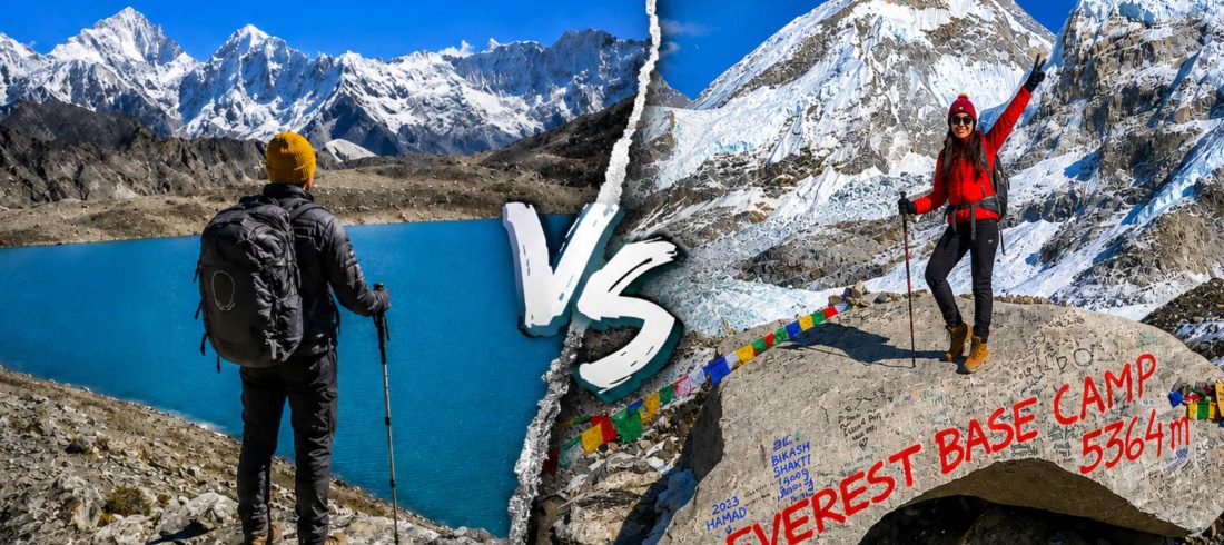 Everest Three Passes vs Everest Base Camp Trek comparison showing Gokyo Lakes viewpoint and Everest Base Camp landmark in the Everest region of Nepal.
