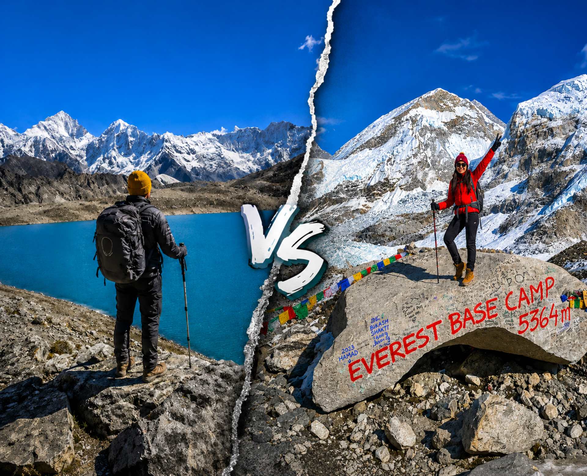 Everest Three Passes vs Everest Base Camp Trek comparison showing Gokyo Lakes viewpoint and Everest Base Camp landmark in the Everest region of Nepal.