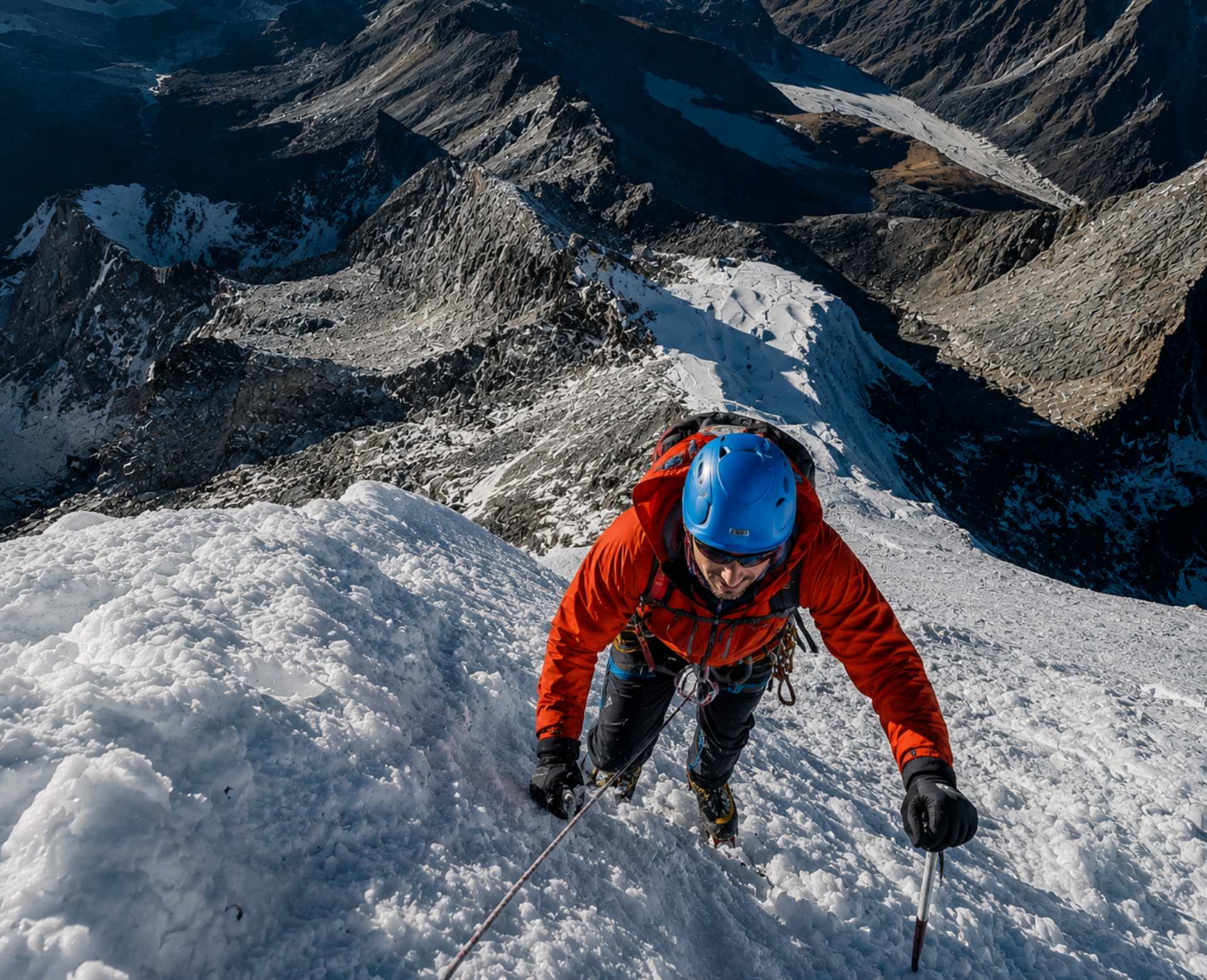 Mountaineer climbing a steep icy slope during the challenging Lobuche Peak Climbing expedition in Nepal
