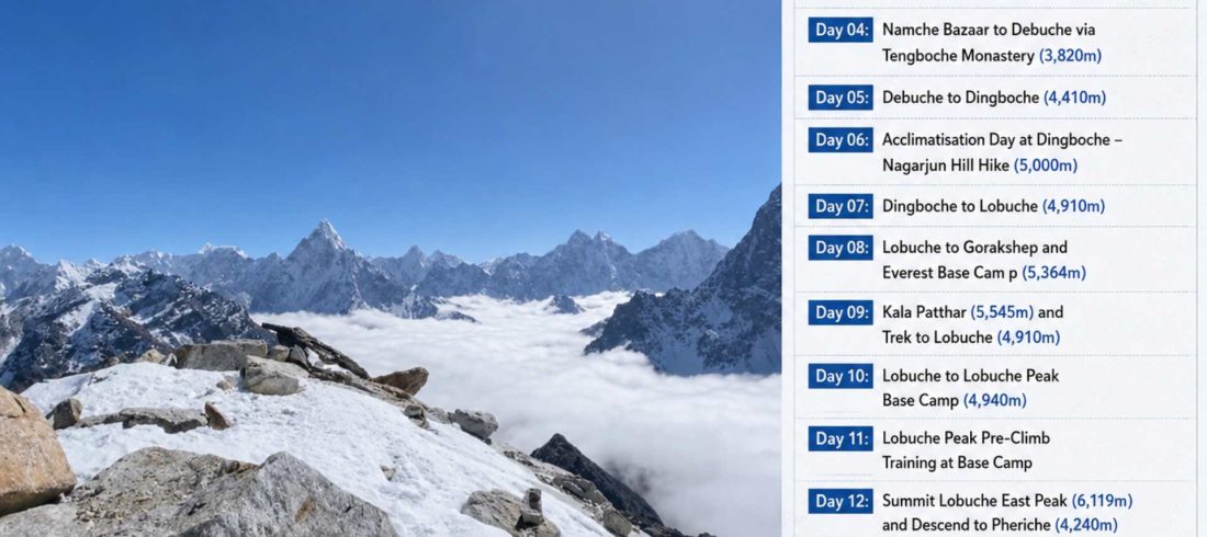 Lobuche Peak Itinerary map showing the 16-day trekking and climbing route in the Everest region of Nepal