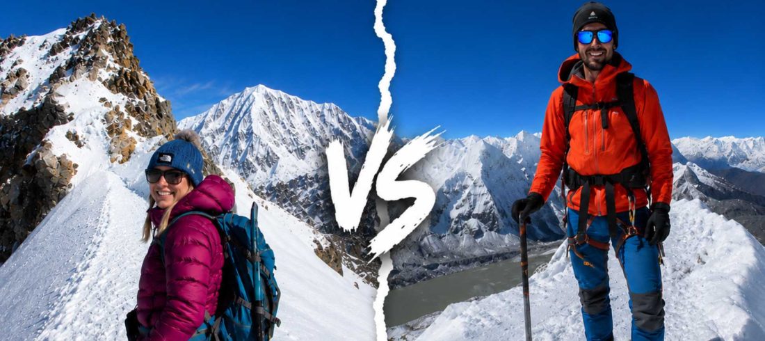 Yala Peak vs Island Peak comparison showing climbers on snowy Himalayan ridges in Nepal.