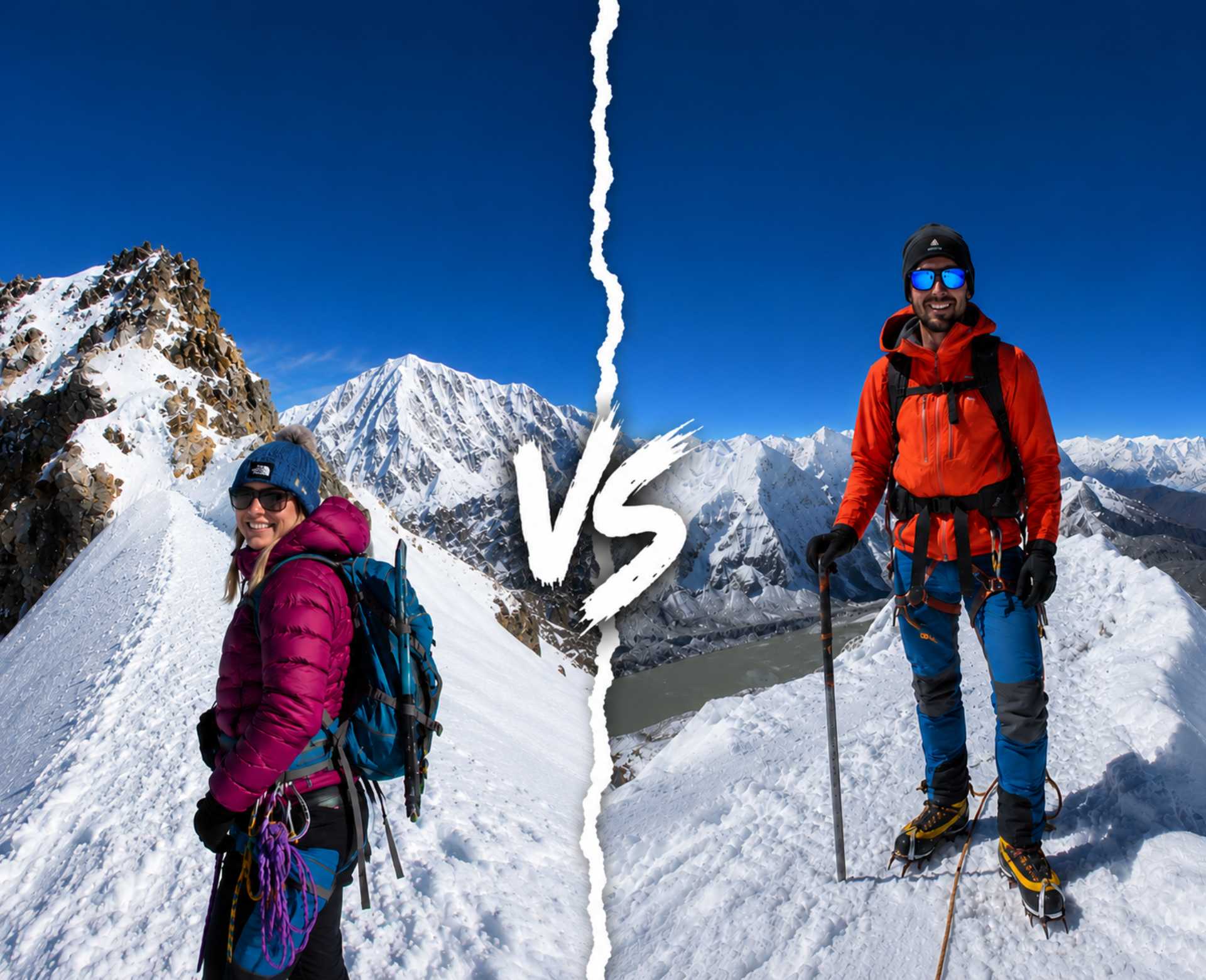 Yala Peak vs Island Peak comparison showing climbers on snowy Himalayan ridges in Nepal.