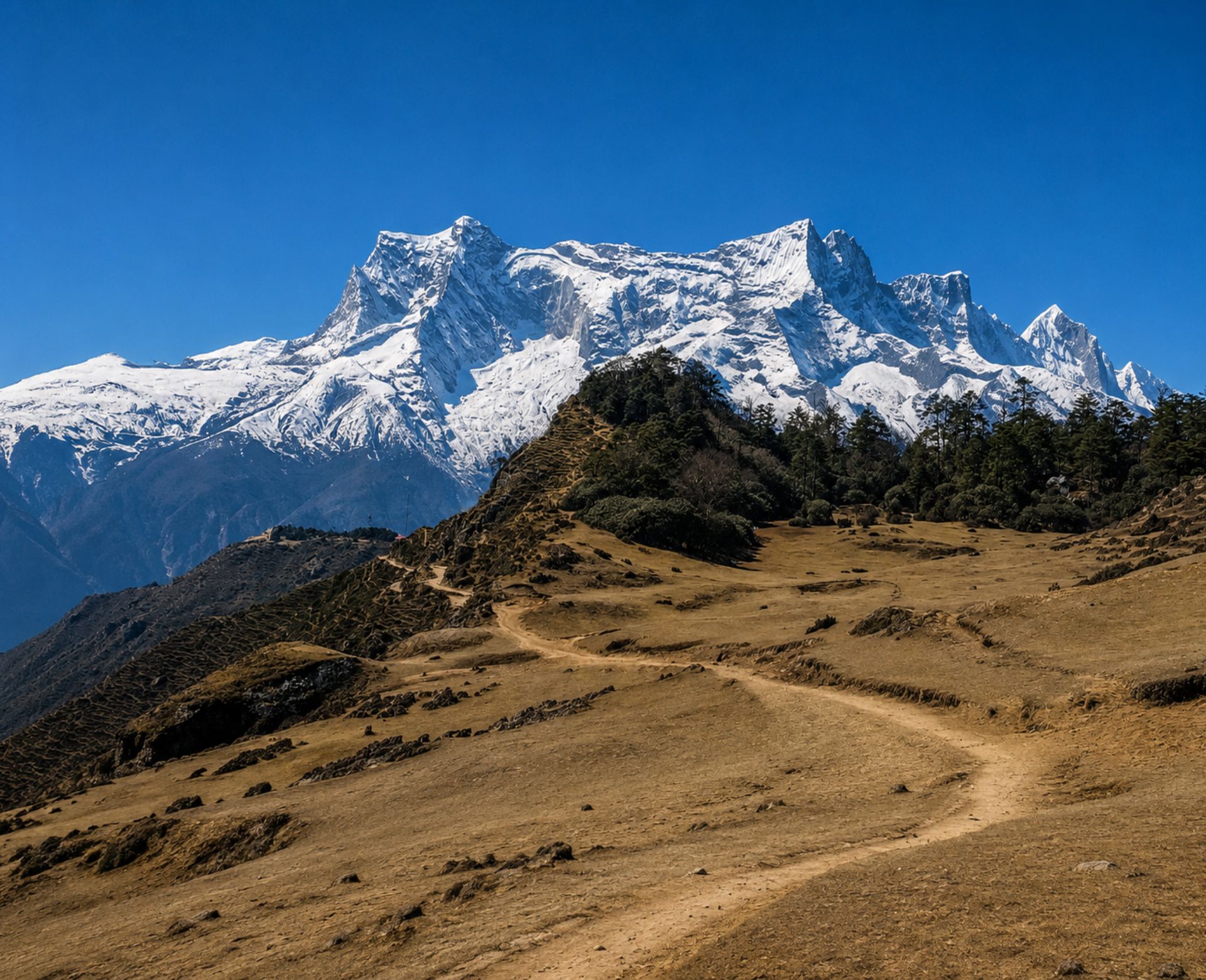 Best Treks in Nepal featuring a scenic Himalayan trekking trail with clear snow-covered mountains and beautiful alpine landscapes.