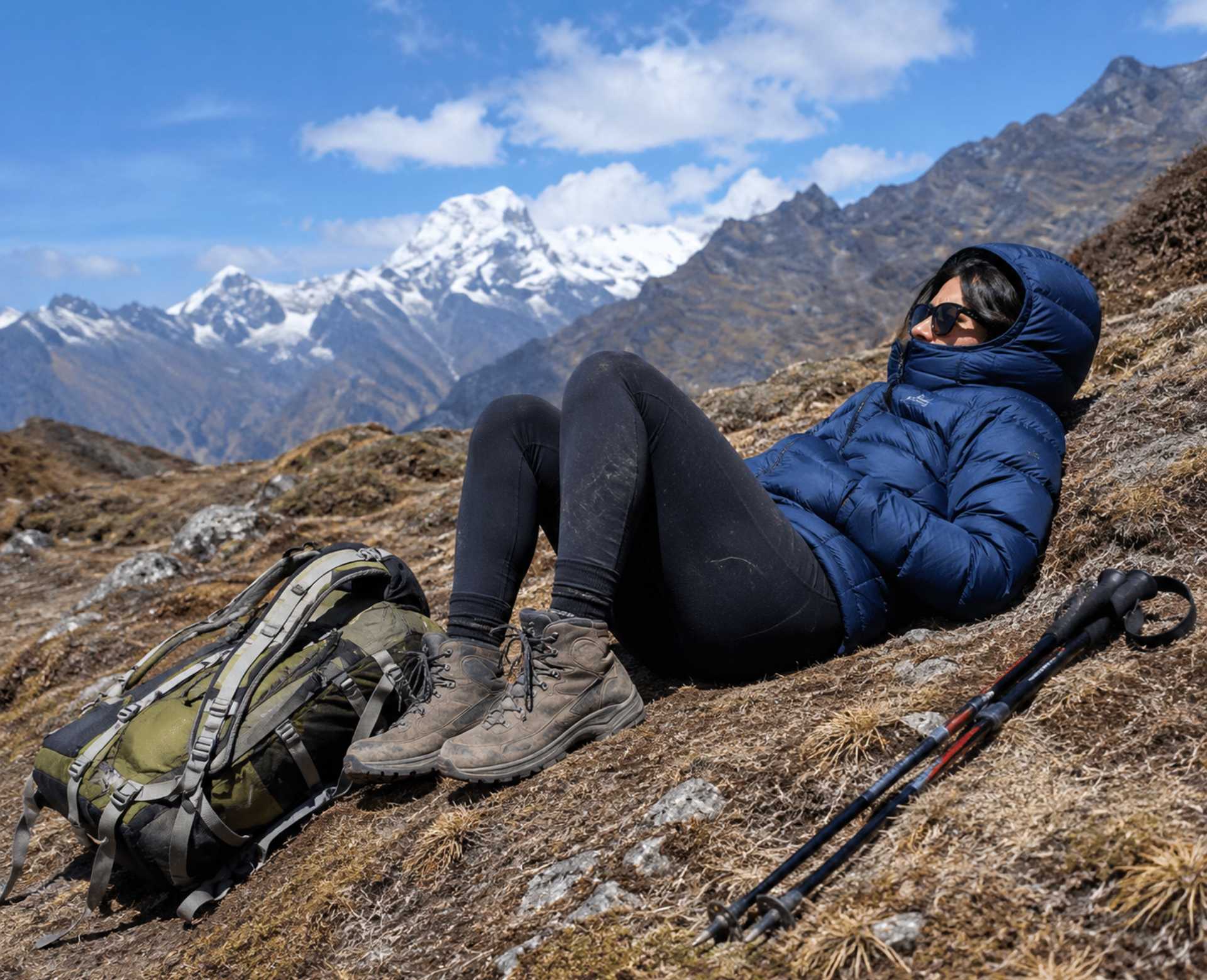 Early Signs Altitude Sickness in a trekker resting during a Himalayan trek.