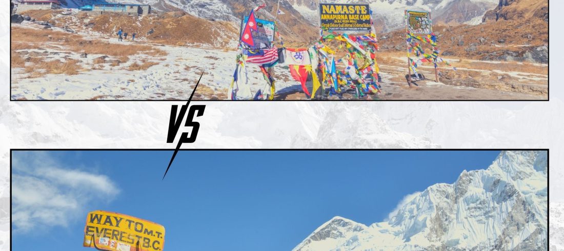 Everest Base Camp vs Annapurna comparison showing Annapurna Base Camp and Everest Base Camp mountain landscapes in Nepal.