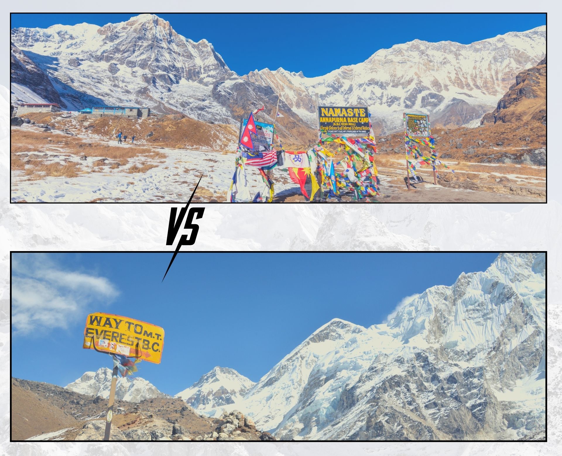 Everest Base Camp vs Annapurna comparison showing Annapurna Base Camp and Everest Base Camp mountain landscapes in Nepal.